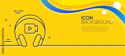 Headphones with video camera line icon. Abstract yellow background. Online conference sign. Virtual education symbol. Minimal headphones line icon. Wave banner concept. Vector