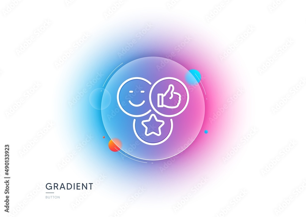 Social media likes line icon. Gradient blur button with glassmorphism. Thumbs up sign. Positive smile feedback symbol. Transparent glass design. Like line icon. Vector