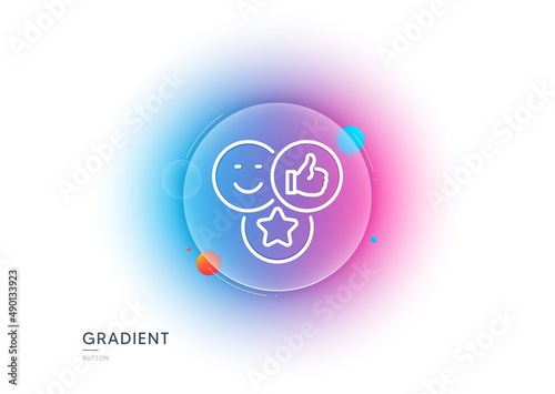 Social media likes line icon. Gradient blur button with glassmorphism. Thumbs up sign. Positive smile feedback symbol. Transparent glass design. Like line icon. Vector