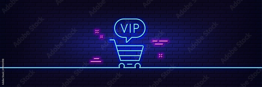 Neon light glow effect. Vip shopping cart line icon. Very important person sign. Member club privilege symbol. 3d line neon glow icon. Brick wall banner. Vip shopping outline. Vector Neon light glow effect. Vip shopping cart line icon. Very important person sign. Member club privilege symbol. 3d line neon glow icon. Brick wall banner. Vip shopping outline. Vector