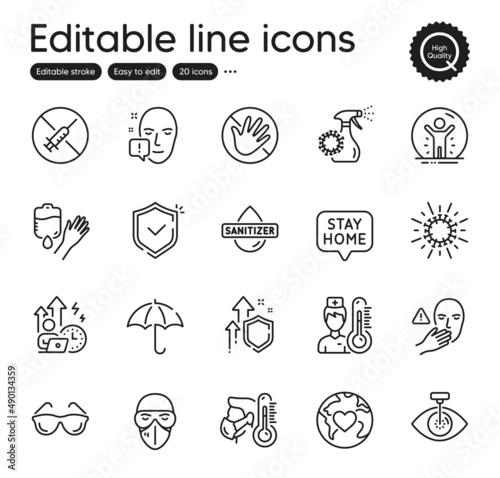 Set of Medical outline icons. Contains icons as Coronavirus spray  Do not touch and Medical mask elements. Dont touch  Hand sanitizer  Eye laser web signs. Difficult stress. Vector