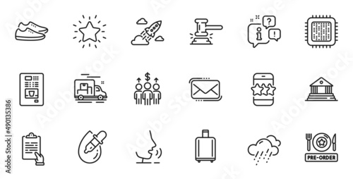 Outline set of Shoes, Pre-order food and Eye drops line icons for web application. Talk, information, delivery truck outline icon. Include Baggage reclaim, Star, Messenger mail icons. Vector