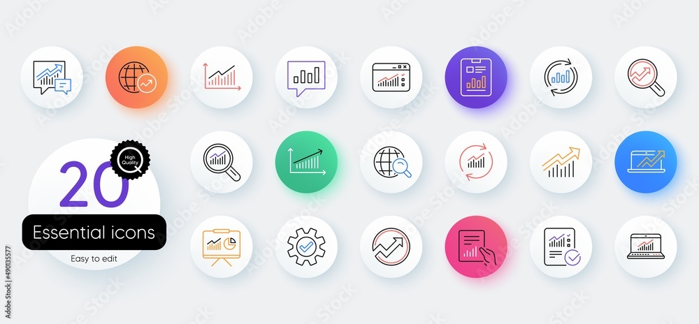 Analytics, Statistics line icons. Bicolor outline web elements. Set of Chart, Report document and Graph icons. Data analytics, Presentation chart and Communication. Vector Analytics, Statistics line icons. Bicolor outline web elements. Set of Chart, Report document and Graph icons. Data analytics, Presentation chart and Communication. Vector