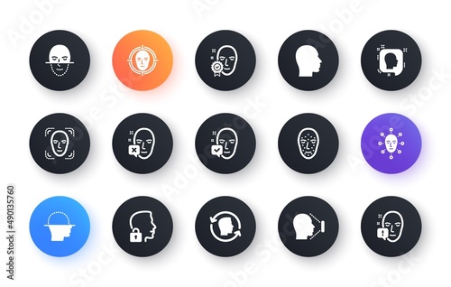 Face recognize icons. Biometrics detection, Face id and scanning. Identification classic icon set. Circle web buttons. Vector