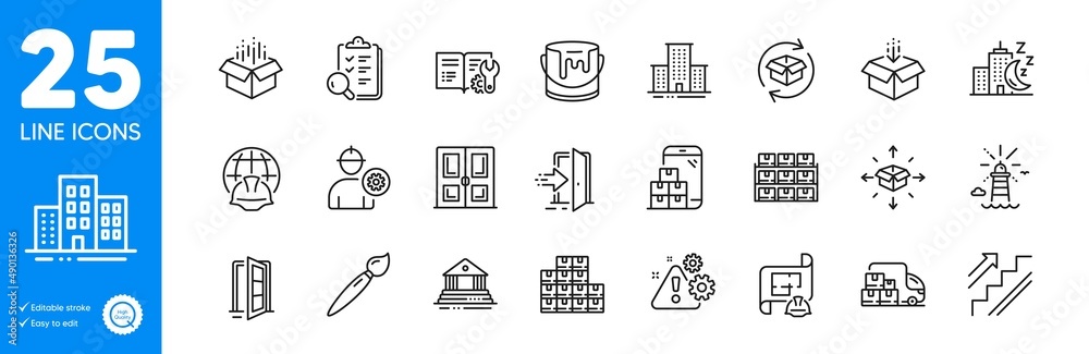 Fototapeta premium Outline icons set. Delivery truck, Warning and Engineer icons. Door, Boxes shelf, Entrance web elements. Inspect, Engineering documentation, Global engineering signs. Lighthouse. Vector