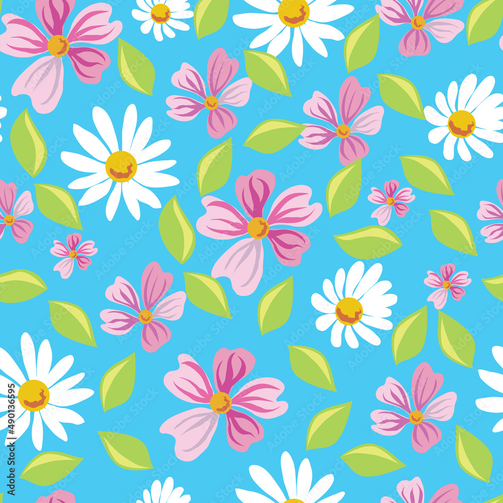 Wildflowers. Stylized spring summer seamless pattern. Vector image. 