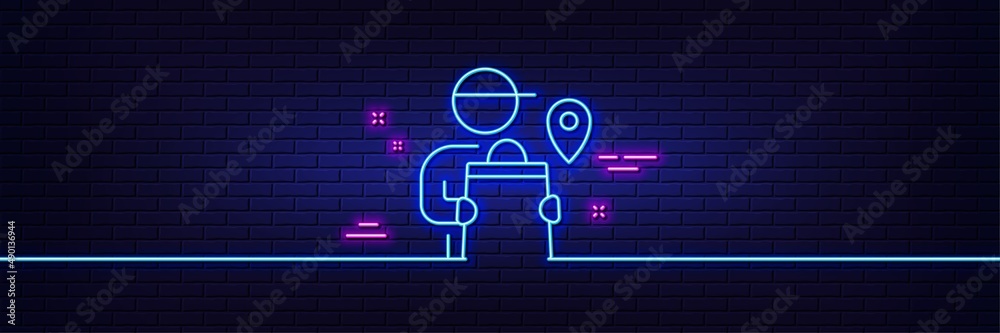 Neon light glow effect. Delivery man line icon. Courier location sign. Order delivery symbol. 3d line neon glow icon. Brick wall banner. Delivery man outline. Vector