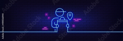 Neon light glow effect. Delivery man line icon. Courier location sign. Order delivery symbol. 3d line neon glow icon. Brick wall banner. Delivery man outline. Vector