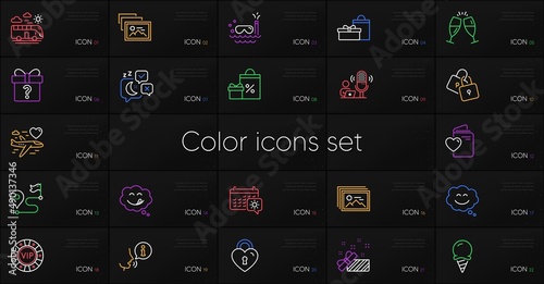 Set of Present, Scuba diving and Travel calendar line icons. Include Champagne glasses, Smile chat, Vip chip icons. Love document, Secret gift, Ice cream web elements. Gifts, Love lock. Vector