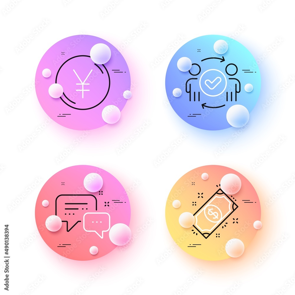 Payment, Yen money and Approved teamwork minimal line icons. 3d spheres or balls buttons. Employees messenger icons. For web, application, printing. Finance, Currency, Team workflow. Vector Payment, Yen money and Approved teamwork minimal line icons. 3d spheres or balls buttons. Employees messenger icons. For web, application, printing. Finance, Currency, Team workflow. Vector
