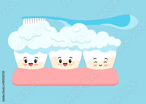 Tooth with yellow tartar plaque cleaning with toothpaste and toothbrush. Teeth in gum stain treatment, remove calculus and cleaning, whitening concept. Flat cartoon vector illustration. Dental hygiene