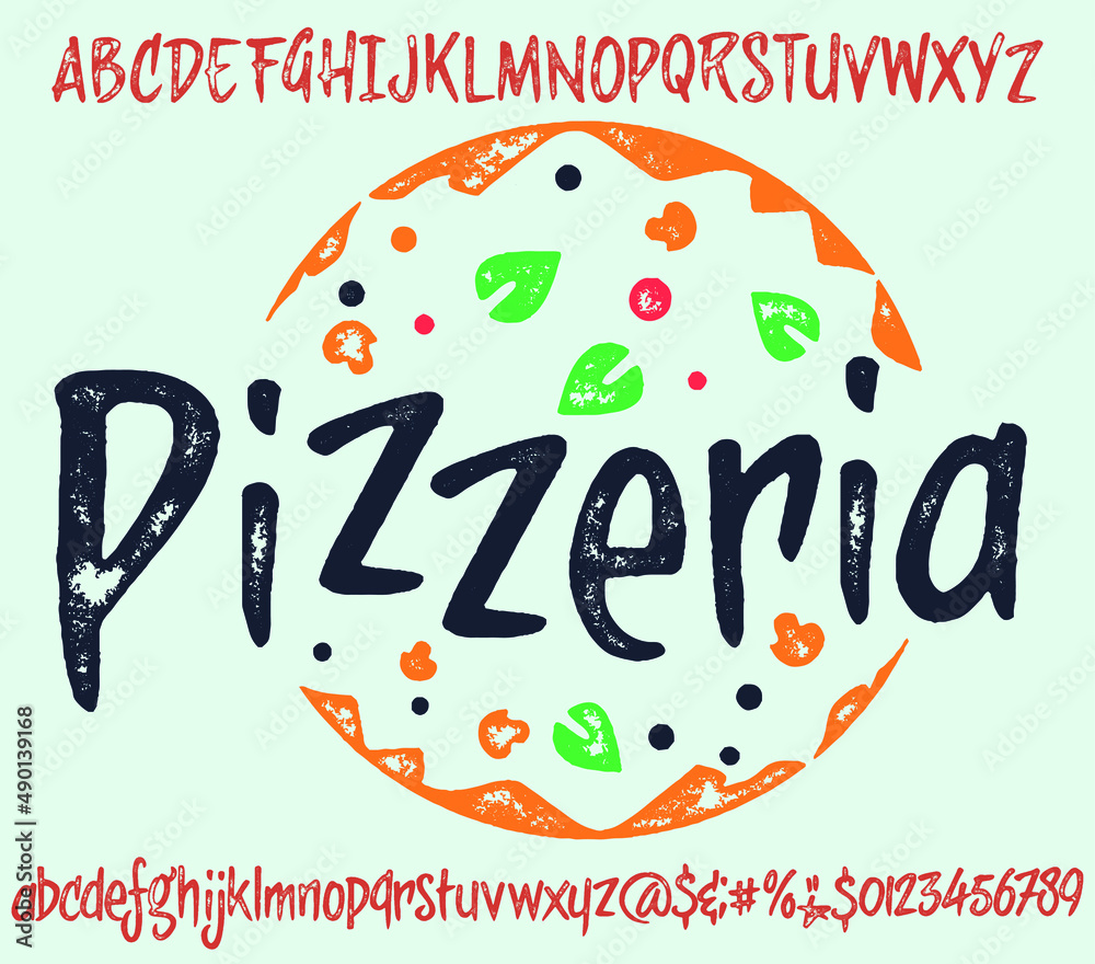 Hand drawn pasta and pizza menu for bars font. Delicious food from