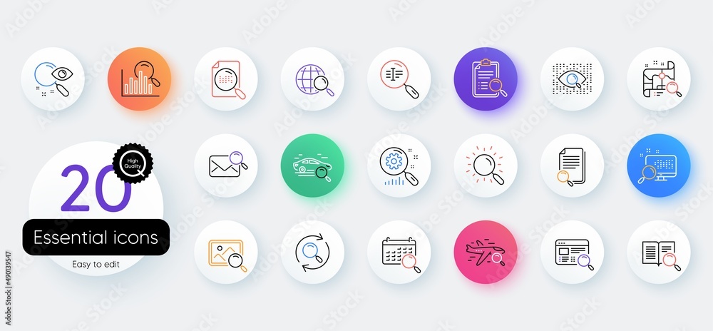 Search line icons. Bicolor outline web elements. Photo indexation, Artificial intelligence, Car rental icons. Airplane flights, Web search engine, Analytics. Vector