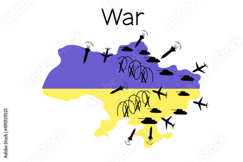 War in Ukraine. Russian invasion of Ukrainian territory. Tanks, planes, missiles on the map of Ukraine. Vector illustration isolated on white background
