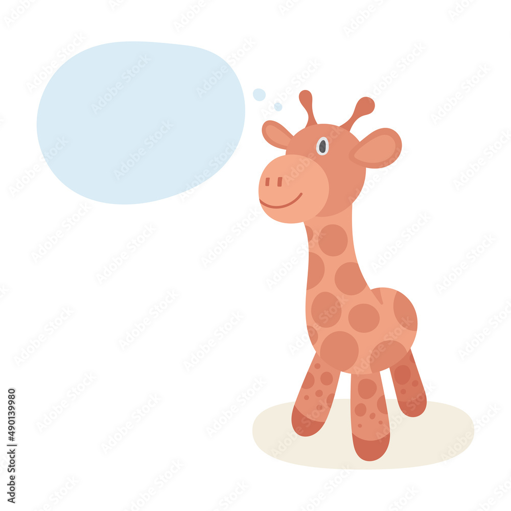 Thinking giraffe. Cute toy giraffe with speech bubble. Drawing illustration in cartoon style. Part of set.