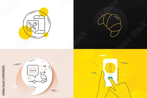 Minimal set of Food app, Wine bottle and Croissant line icons. Phone screen, Quote banners. Food delivery icons. For web development. Meal order, Cabernet sauvignon, Fresh bakery. Vector