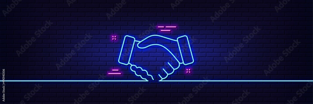Neon light glow effect. Handshake line icon. Hand gesture sign. Business deal palm symbol. 3d line neon glow icon. Brick wall banner. Handshake outline. Vector Neon light glow effect. Handshake line icon. Hand gesture sign. Business deal palm symbol. 3d line neon glow icon. Brick wall banner. Handshake outline. Vector
