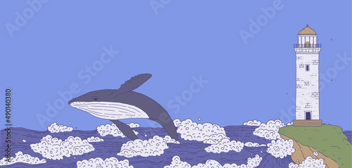 whale jumping and lighthouse on rock among stormy sea waves. Seascape with aquatic animals. Doodle line vector Illustration banner.