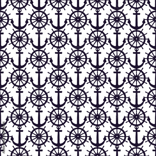 Seamless pattern of silhouette anchors and steering-wheel rudders. Vector black doodle sketch illustration on white background.