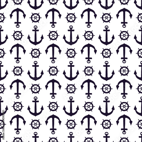 Seamless pattern of silhouette anchors and steering-wheel rudders. Vector black doodle sketch illustration on white background.