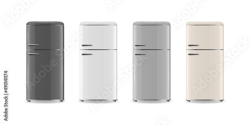 Vector 3d Realistic Black, White, Gray, Beige Fridge Icon Set Isolated. Vertical Refrigerators. Closed Fridges. Design Template, Mockup of Fridge. Front View
