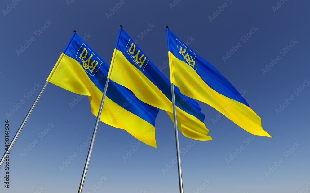 Three blue and yellow flags on flagpoles in row. Ukrainian flags with