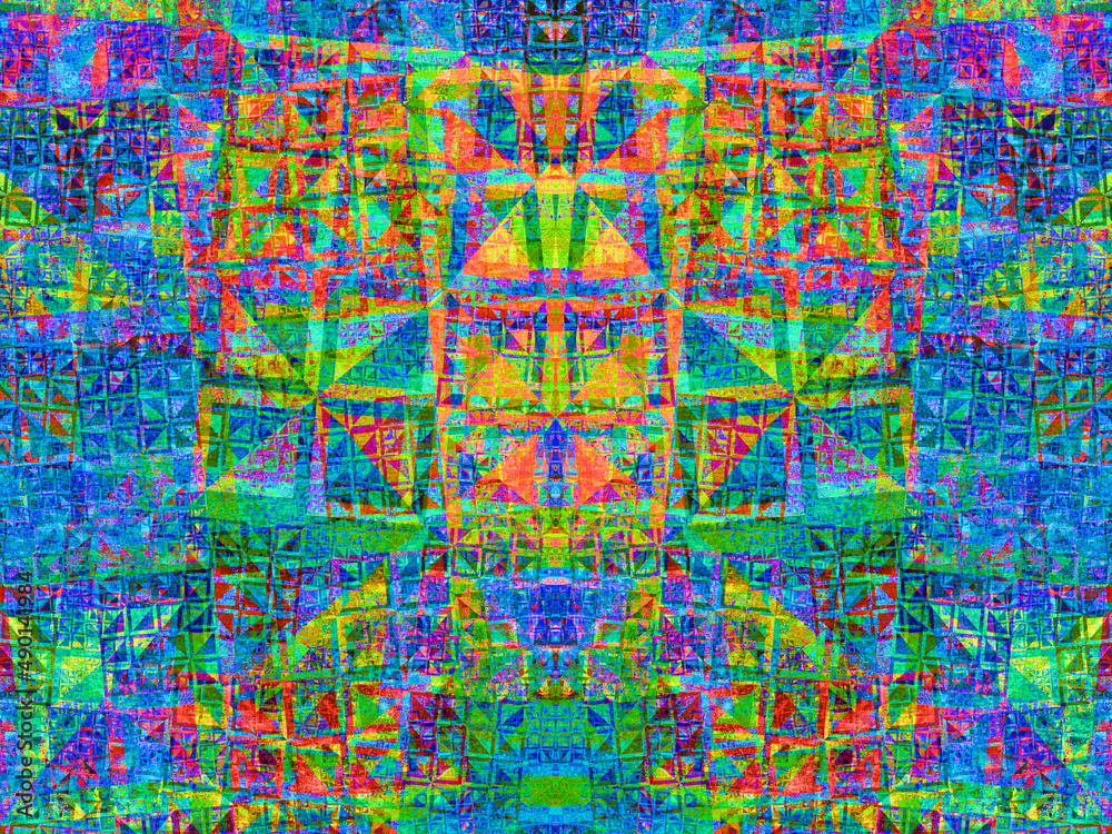 Imagen de arte fractal digital compuesto de figuras geométricas deformadas y aglomeradas formando un conjunto con aspecto de mural simétrico en colores llamativos.