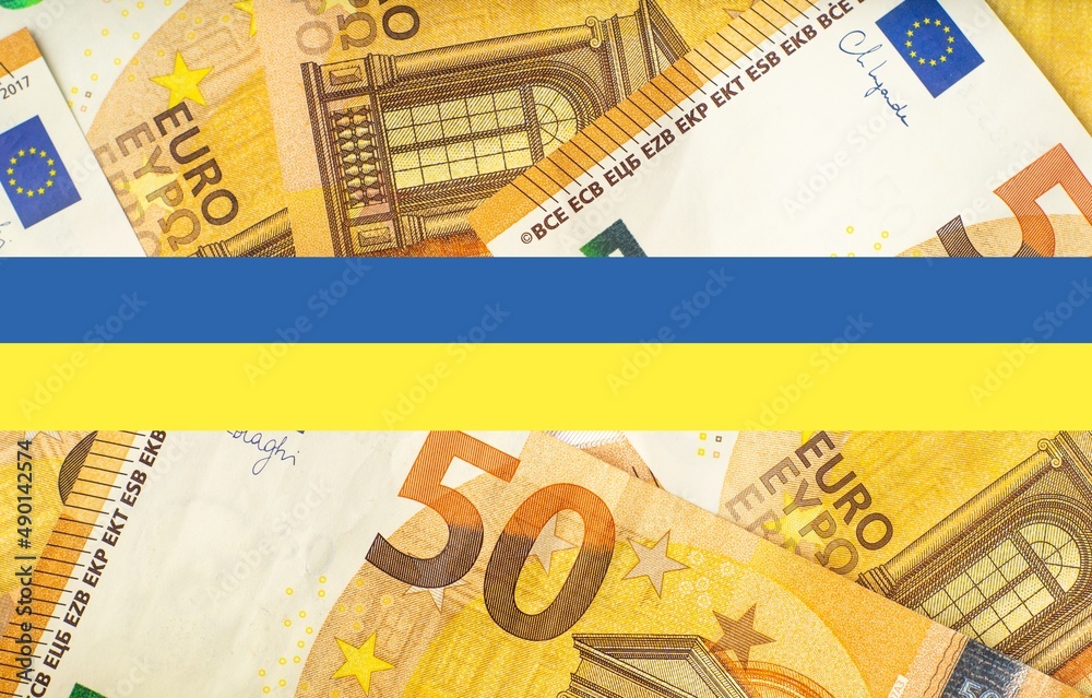 Ukrainian flag banner on euro money background. Financial and economical background for Ukraine war support by Europe topics. 3D rendering illustration.