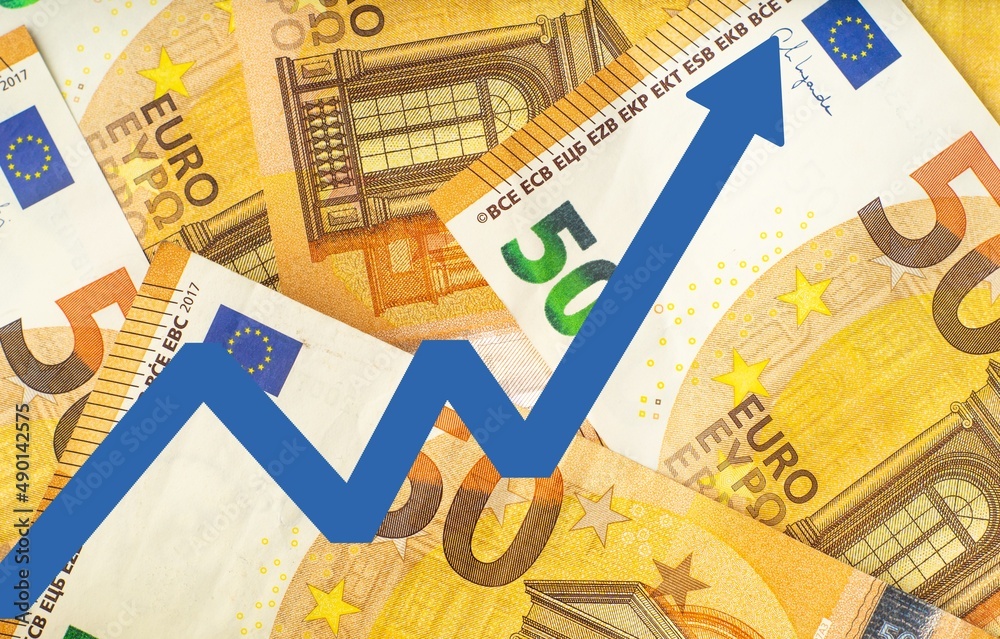 the euro is rising: euro exchange rate increase illustration with blue arrow on money background