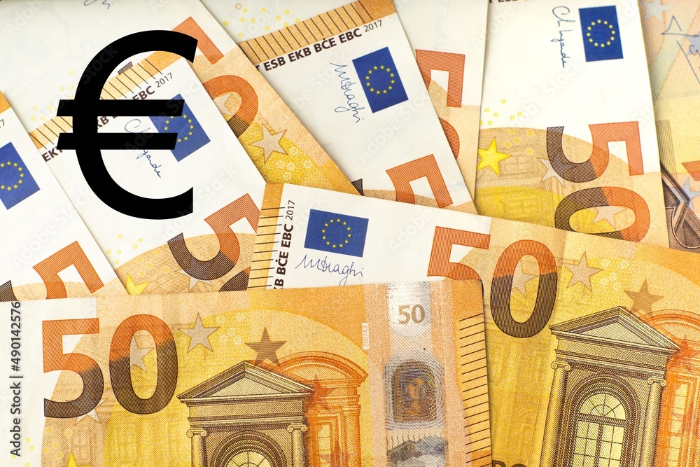 Euro money sign on 50 euro cash banknotes background. 3D rendering illustration of forex, economy and finance concept.