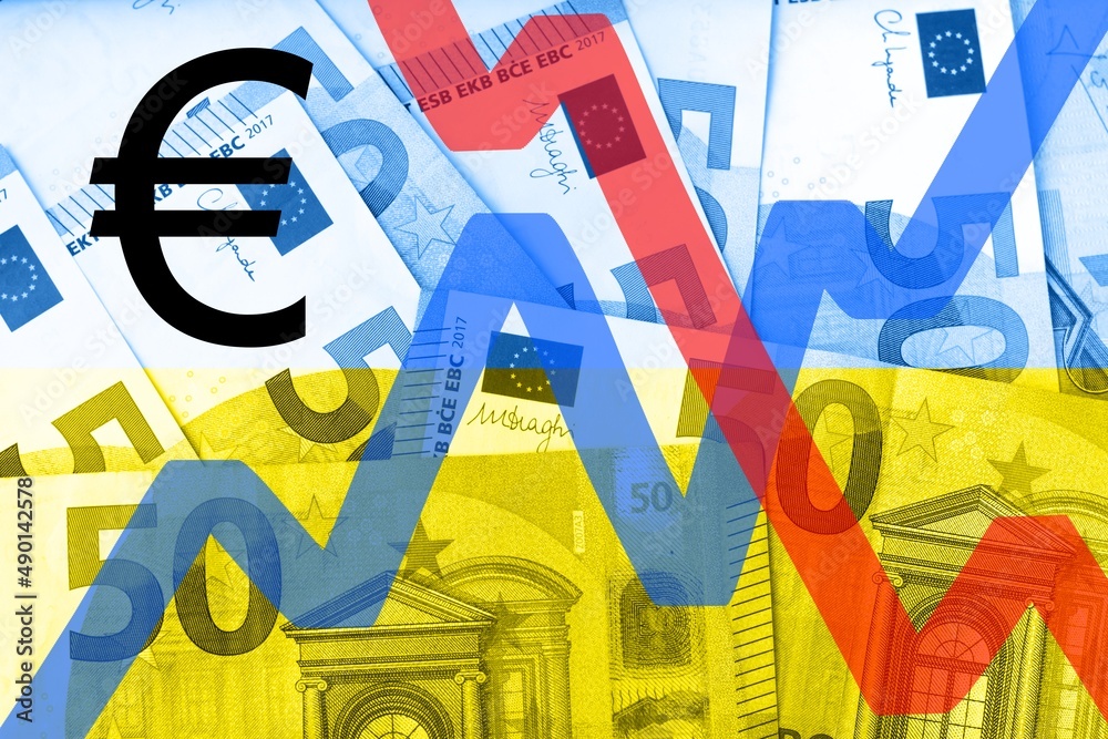Changing rates of euro value during war in Ukraine. Red and blue charts and euro symbol on money background in Ukrainian colors.