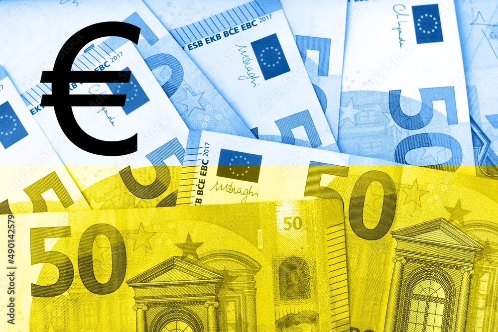 Euro sign on blue and yellow background made of euro cash banknotes. 3D rendering illustration for financial and economic topics.