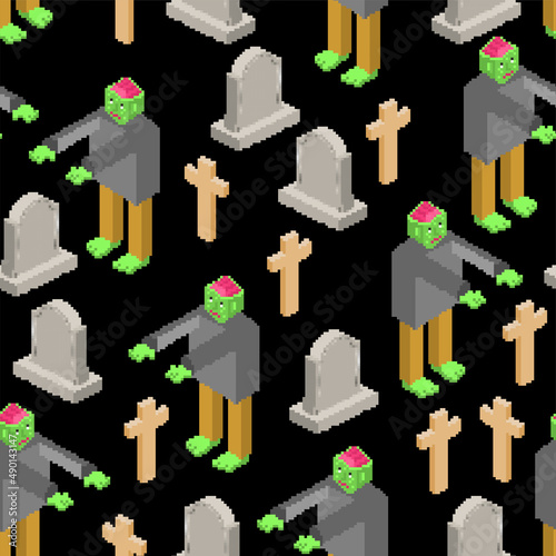Zombie pixel art pattern seamless. 8 bit Dead man in Cemetery. monster background. pixelated zombi texture