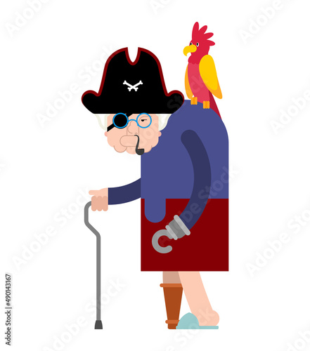 Grandmother Pirate. Grandma filibuster and parrot. Vector illustration