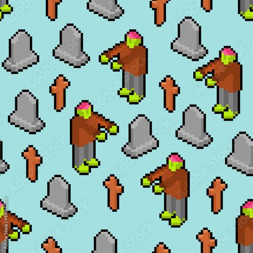 Zombie pixel art pattern seamless. 8 bit Dead man in Cemetery. monster background. pixelated zombi texture