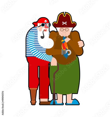 Grandfather and grandmother Pirate. Grandpa and Grandma filibuster and parrot. Vector illustration