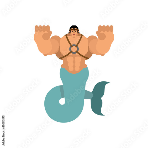 Mermaid man isolated. Strong underwater inhabitants. Vector illustration