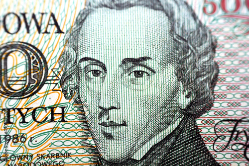 Portrait of the Polish composer NFryderyk Franciszek Chopin from the obverse side of 5000 five thousand old Polish Zlotych banknote currency year 1986, old Polish Zloty money, Poland, vintage retro photo