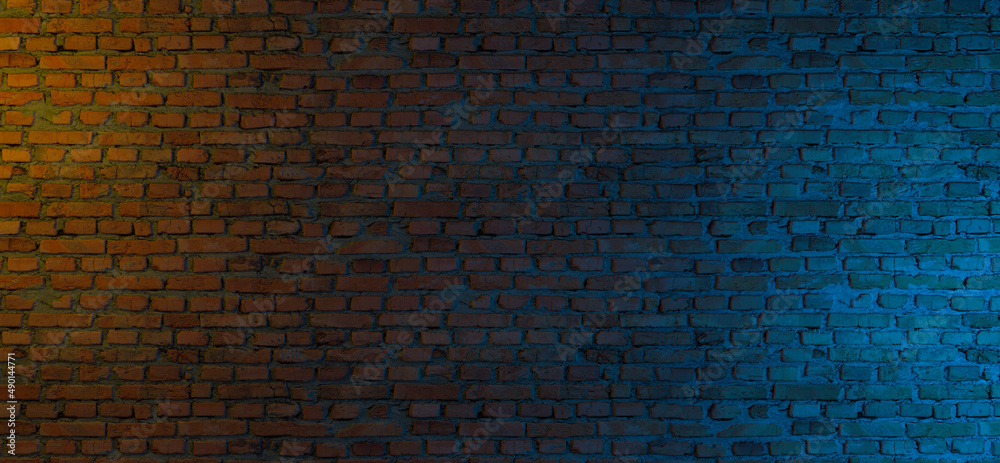 Two-color illumination of the brick background. 3d render