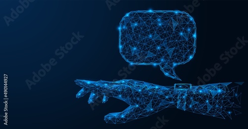A smartwatch with a hologram message. Wrist gadget. Polygonal design of lines and dots. Blue background.