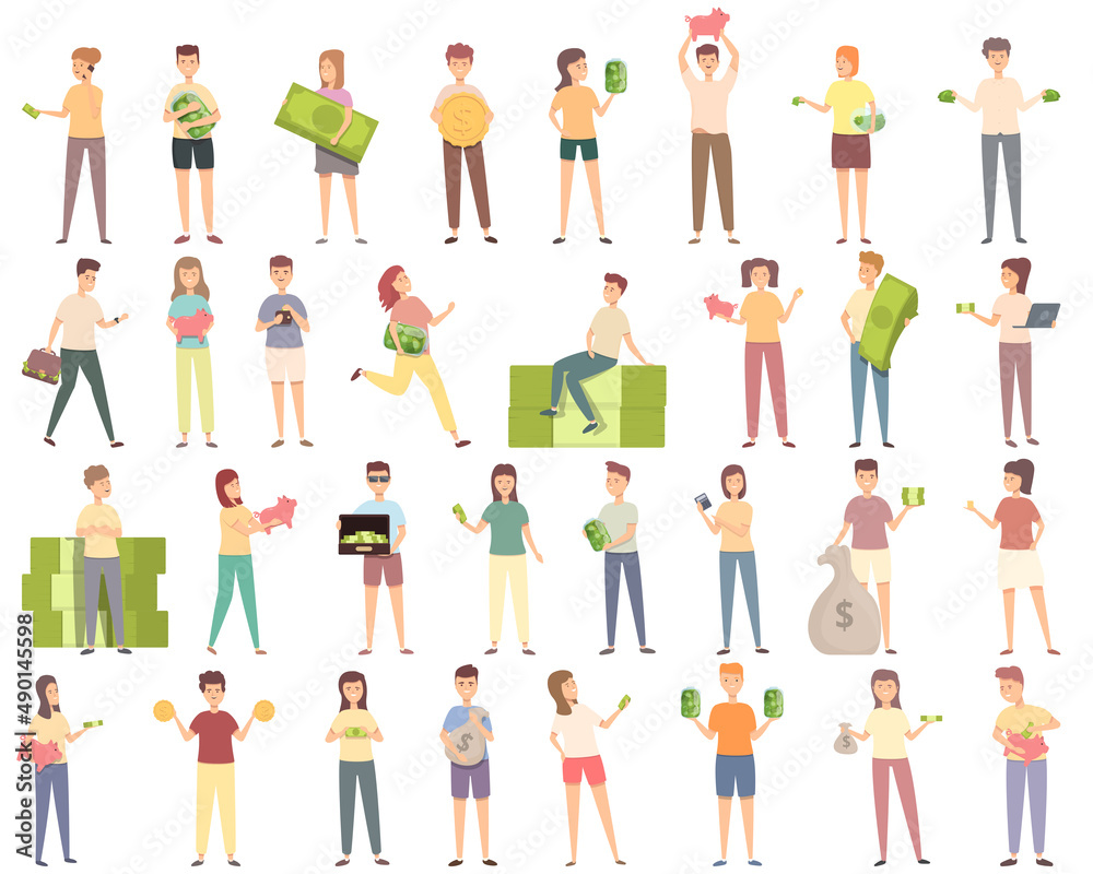Kids with money icons set cartoon vector. Save children. Bank boy