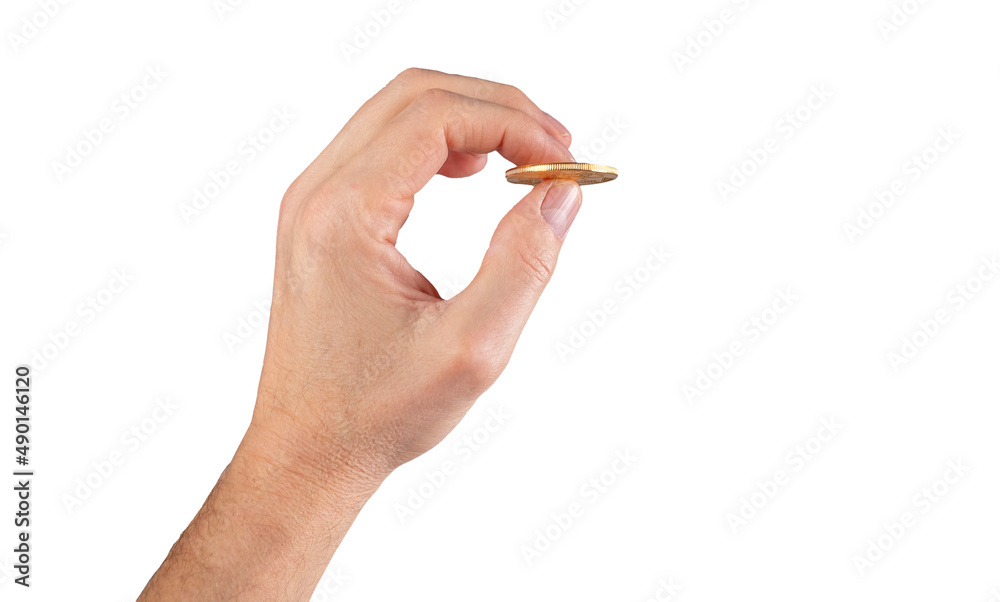 Hand holding coin isolated on white background. Money and finance concept. High quality photo Hand holding coin isolated on white background. Money and finance concept. High quality photo