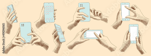 Sketches collection of hands holding smartphone, from different angles. Technologies, gadgets and their management. Clicking, installation, setting gadgets. Vintage images, hand-drawn, vector.