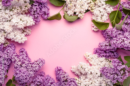 Beautiful lilac flowers. Top view. Frame for text. Spring concept