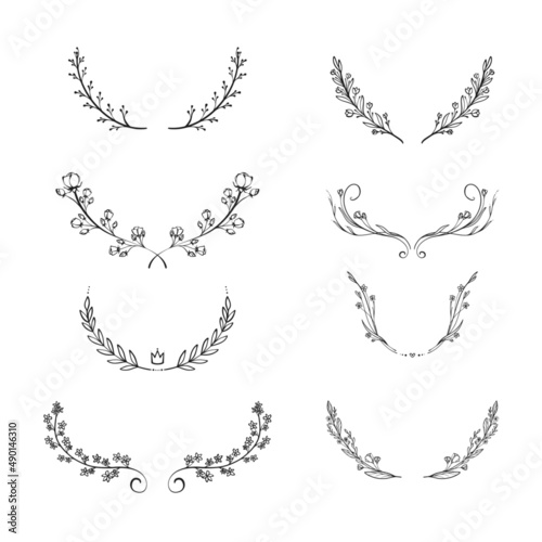 Set of vector handdrawn laurels and wreaths, nature, floral doodle collection. Decoration elements for design invitation, wedding cards, valentines day, greeting cards