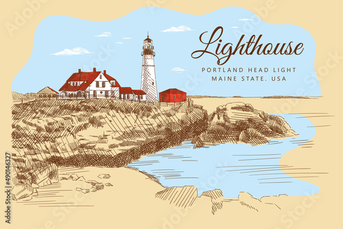 Color sketch of the lighthouse and buildings around it on a cliff, ocean and sky with clouds around. Portland head light, Maine state, USA. Vintage card, hand-drawn, vector. Nature sketch.