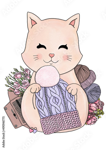 Knitting cat with knitted accessories, yarn balls
