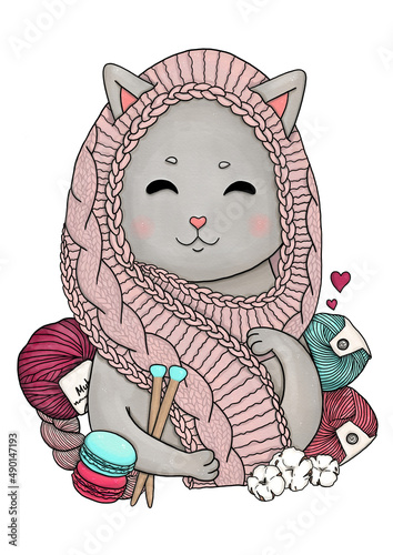 Knitting cat with knitted accessories, yarn balls
