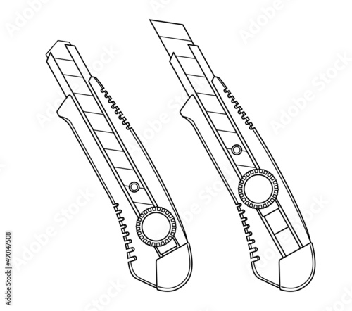 Black utility knifes flat design illustration, retro cutter knifes cordless line drawing, vector elements for infographic icon app logo web button ui ux interface elements isolated on white background