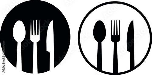 Food icon vector isolated on white background. Food silhouette icon for label, logo, fork, knife and spoon template. Circle sign for cutlery, dinner, eat symbol and restaurant menu.Vector illustration